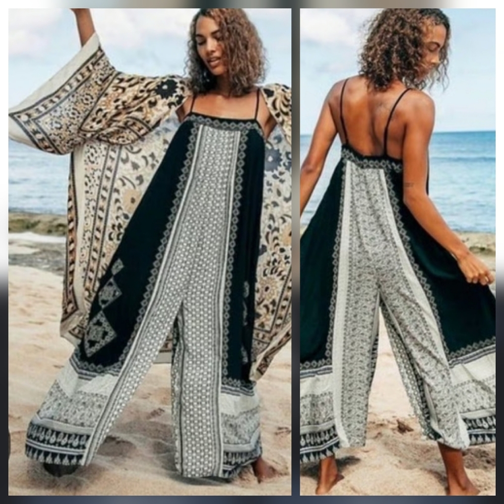 Free People Hazel Black & Wite Mixed Print Overall Wide Leg One-Piece - Picture 2 of 15